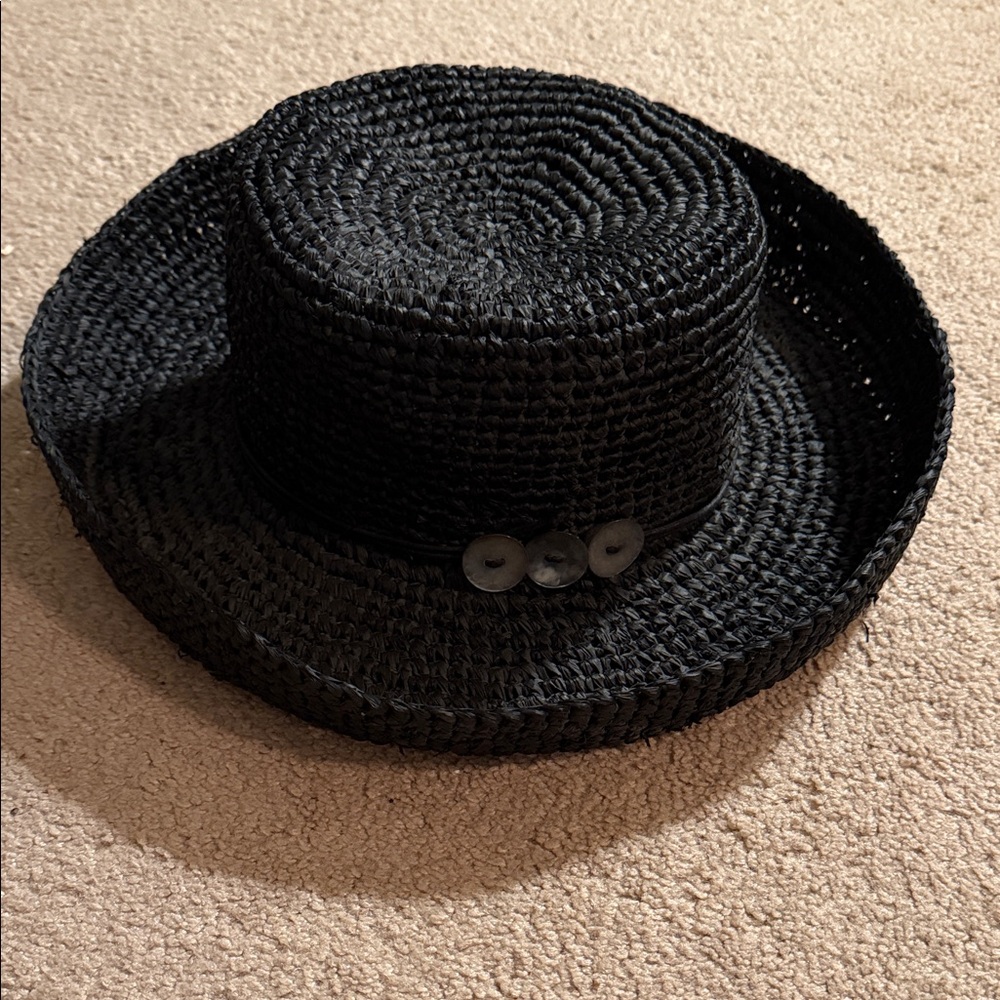 Black Woven Straw Hat with Button Detail